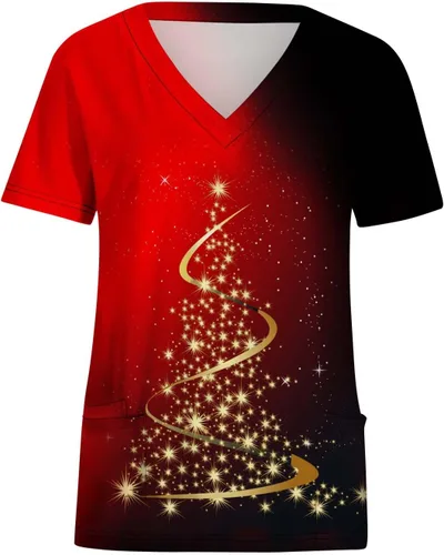 Vista 5 de Womens Christmas Tree Scrubs Tops Holiday Printed Christmas Fun Tshirt Uniform Tops V Neck Short Sleeve Nursing Tops