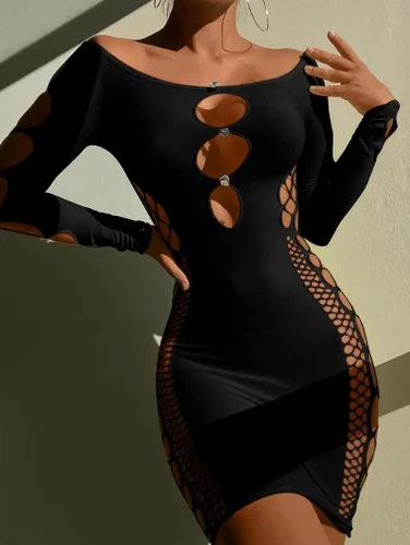 Vista 5 de ZileZile Minivestido sexy de malla con hombros descubiertos para mujer
