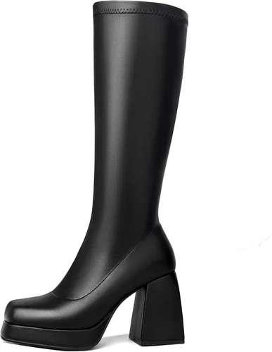 Vista 2 de HEIFIN Gogo - Botas de plataforma para mujer, con punta cuadrada, botas altas hasta la rodilla, botas altas negras con cremallera