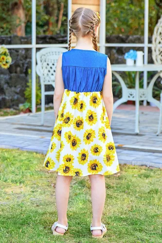 Vista 5 de Enlifety - Vestidos de princesas para niñas pequeñas, sin mangas, blusa de mezclilla y faldas de tutú con estampado floral, vestido de verano de una