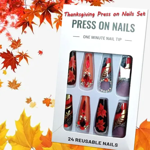 Vista 5 de 24 uñas postizas largas a presión con diseño de ataúd con diamantes de imitación, uñas postizas de cobertura completa, uñas postizas de otoño
