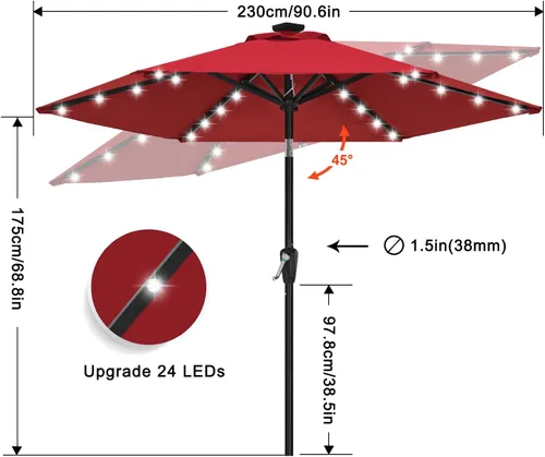 Vista 3 de ABCCANOPY Sombrillas solares duraderas para patio con 24 luces LED de 7.5 pies con 6 varillas resistentes (borgoña)