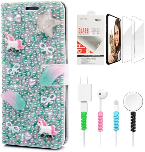Vista 5 de Bling Wallet - Funda para teléfono compatible con Google Pixel 6a, elegante, 3D, hecha a mano, con cristal de pavo real, magnética, con protector