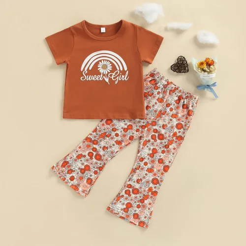 Vista 2 de Nie Cuimeiwan Toddler Baby Girl Bell Bottoms Outfit Floral Pullover T-shirt Top Flare Pants Set Mamas Baby Clothes