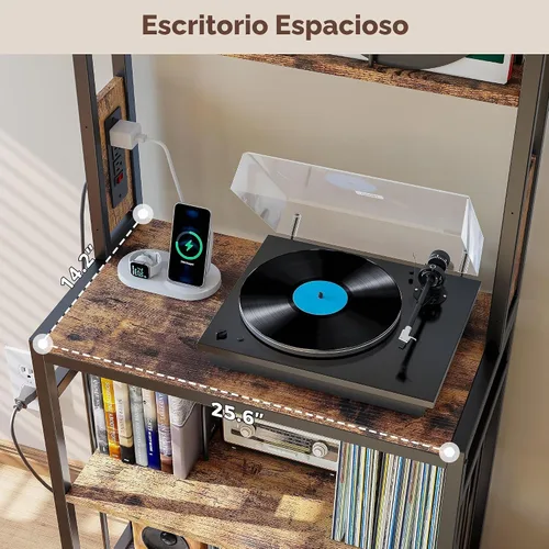 Vista 3 de IRONCK Soporte para tocadiscos, almacenamiento de discos de vinilo de 2 niveles, mesa grande para tocadiscos con estación de carga, soporte