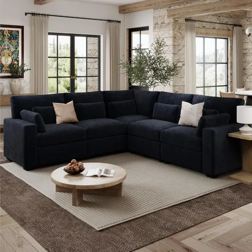 Vista 11 de Sofá modular de 146.5 pulgadas, sofás extra profundos en forma de U para sala de estar, sofá de felpilla de 4 asientos con patas de madera, otomana