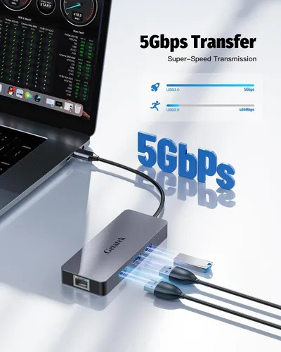 Vista 3 de Hub Ethernet USB C, adaptador multipuerto USB C de 6 puertos con HDMI 4K @30HZ, 3 USB 3.0, carga USB C PD de 100 W, RJ45, apto