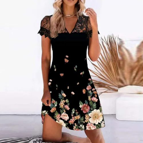 Vista 2 de Vestido de empalme de encaje con cuello en V para mujer de moda, casual, delgado, sin botones