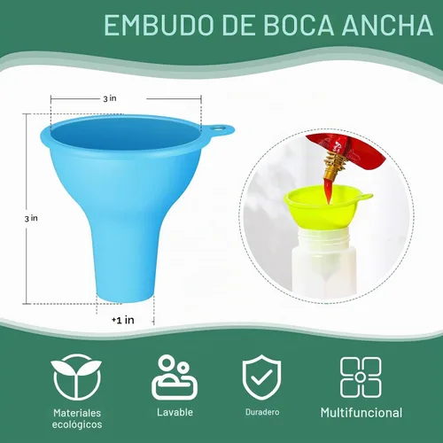 Vista 2 de Embudos de silicona 4 piezas de embudo de boca ancha de 3.2 pulgadas de ancho flexible para salsa de condimentos para el hogar, restaurante, cocina