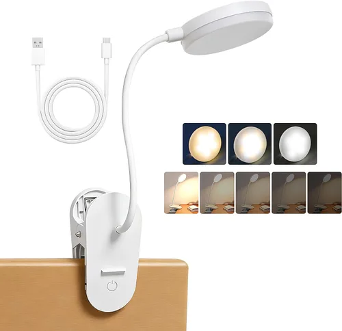 Vista 6 de Luz de abrazadera con clip para cabecera de cama, lámpara de escritorio recargable, 3 colores (blanco/blanco cálido/cálido), cuello de cisne