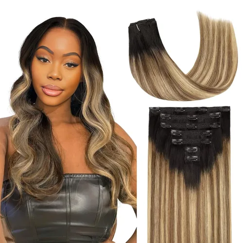 Vista 26 de Lashey Extensiones de cabello humano con clip, sin costuras, #1, color negro azabache, extensiones de cabello humano real, extensiones de cabello