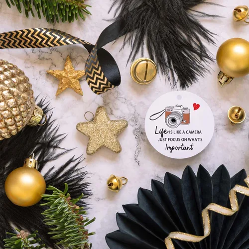 Vista 5 de Adornos de cámara para árbol de Navidad, decoraciones inspiradoras de Navidad motivacionales, bonitos adornos de cerámica divertidos para fotógrafos