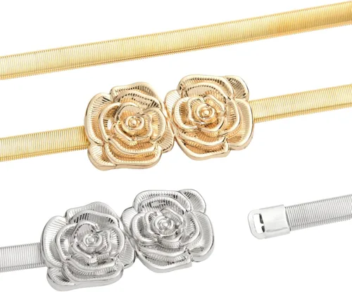 Vista 8 de Juvale Cinturones de cintura metálicos elásticos y ajustados, cinturones de metal dorado y plateado de dos tonos para mujer con patrón de hojas