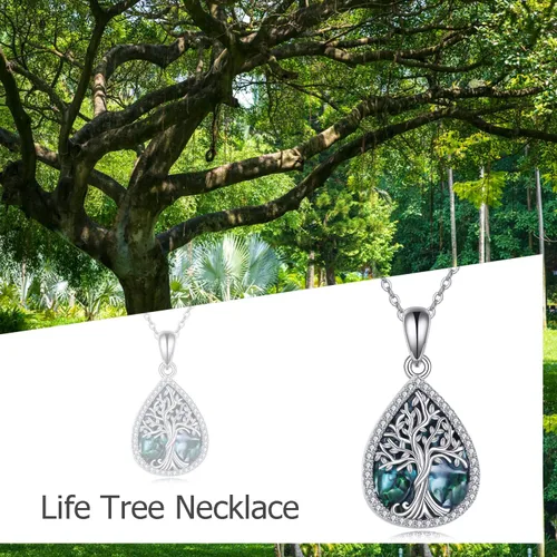Vista 6 de ONEFINITY Collar de plata de ley 925 con diseño de árbol de la vida con colgante de nudo celta de concha de abulón para mujer