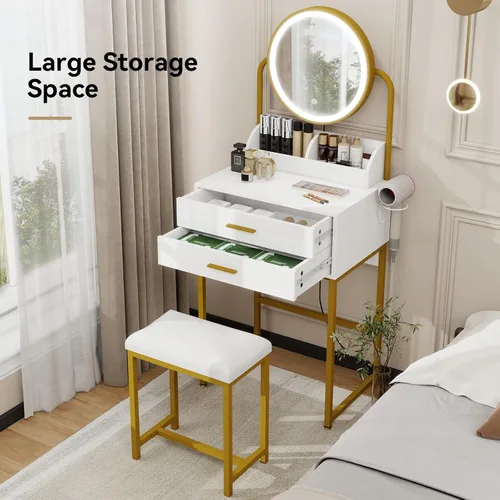 Vista 3 de ARTETHYS Escritorio pequeño con espejo y luces, tocador de maquillaje compacto blanco con silla, moderno tocador que ahorra espacio con cajón