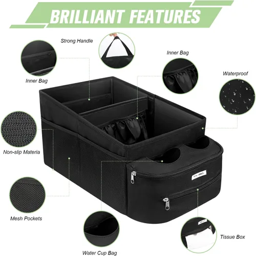 Vista 3 de FUNNy elf Organizador de asiento de pasajero, almacenamiento plegable para automóvil con particiones y 4 portavasos para asiento delantero o trasero