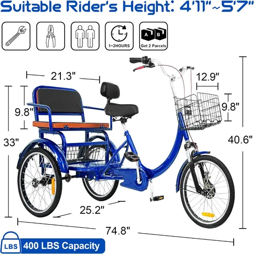 Vista 2 de MOOITZ Triciclo para adultos, bicicletas de 20 pulgadas con 3 ruedas, triciclo para adultos con asiento, bicicleta de crucero de paso bajo