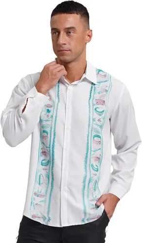 Vista 2 de Camisas mexicanas de manga larga con botones para hombre, camisas de guayabera cubana, camisas casuales de verano para la playa, camisa de fiesta