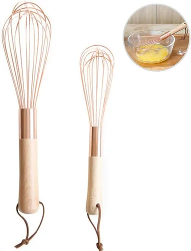 Vista 8 de Batidor de huevo Batidor HEITIGN Mango de madera Batidor de acero inoxidable Batidor de huevos, herramientas de cocina para mezclar oro rosa