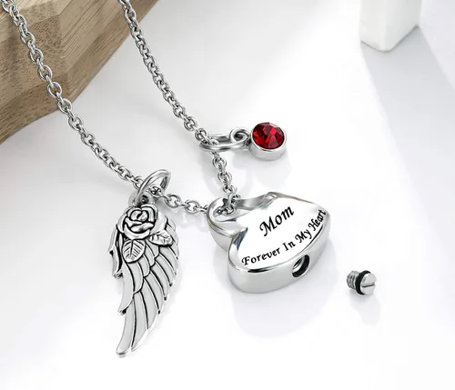 Vista 3 de Collar de urna de cremación de doble corazón viene con ala de ángel y 12 piedras natales para cenizas, colgante conmemorativo, Forever in My Heart