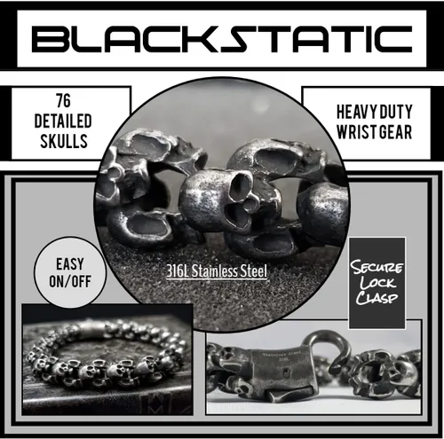 Vista 6 de Pulsera de calavera Colección BLACKSTATIC Pulsera vintage punk de acero inoxidable para hombre