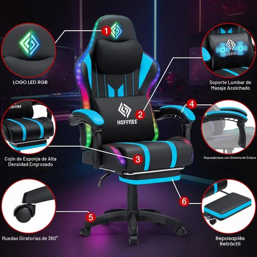 Vista 8 de HOFFREE Silla Gaming con Luces LED RGB de Ritmo Musical y Altavoces Bluetooth Silla Ergonómica de Gaming para Computadora con Masaje y Reposapiés