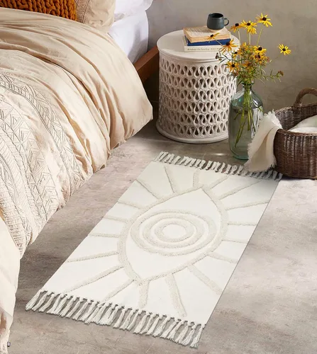 Vista 7 de Uphome - Alfombras de baño boho de 2 x 3 pies, color beige, con protección contra el mal de ojo, tul con borlas, suave, lavable a máquina