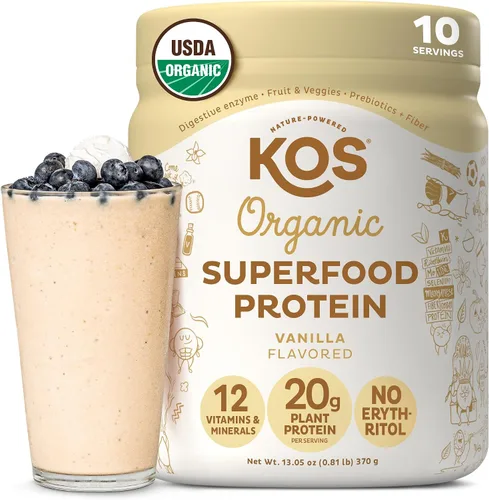 Vista 10 de KOS Proteína en polvo a base de plantas, muffin de arándano - Superalimento de proteína de guisantes orgánico con mezcla de espirulina y apoyo