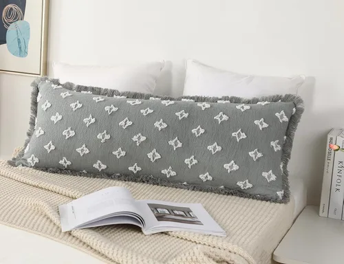Vista 3 de Funda de almohada lumbar larga bohemia de 12 x 36 pulgadas con flecos de borlas, funda de almohada lumbar extra decorativa con patrón de flores 3D