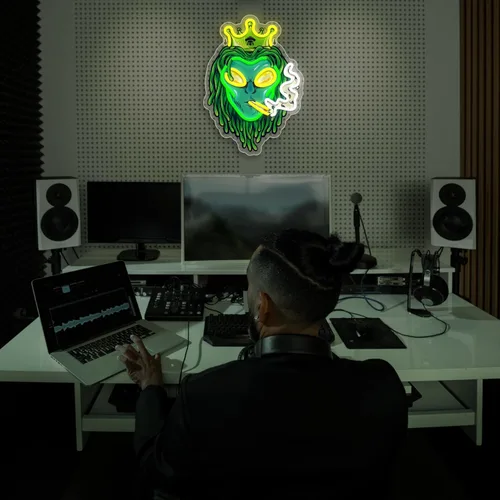 Vista 6 de Letreros de neón de alienígena verde con luces LED, luces de neón LED de alienígena fumador con corona, luces de neón LED de alienígena con corona