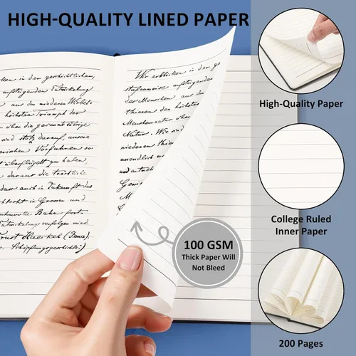 Vista 4 de Cuaderno diario rayado para mujeres y hombres, 200 páginas A5 diarios de tapa dura de cuero para escribir, viajes, escuela, oficina, trabajo, Negro