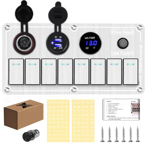 Vista 9 de Panel de interruptores basculantes para lanchas marinas, panel de interruptor de palanca impermeable de 8 bandas con doble USB y panel voltímetro