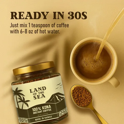 Vista 3 de CAFÉ KONA 100% - Café instantáneo premium liofilizado - Café bajo en ácido - Café arábica de tueste medio de Hawái, 1.5oz (1 paquete 22 porciones)