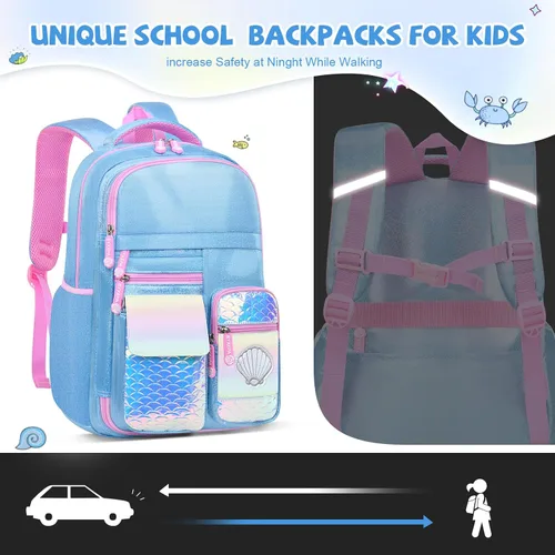 Vista 6 de Mochila para niñas, mochilas escolares de 16 pulgadas para niñas, bonita bolsa de libros para niñas, niños, estudiantes, escuela primaria, Azul