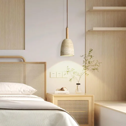 Vista 3 de Vintage Solid Wood Pendant Light Japanese Style Simple Bedside Hanging Lamp Modern Small Yellow Travertine Chandeliers for Kitchen Island Living