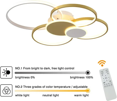 Vista 5 de OUKANING Lámpara de techo moderna LED de 65 W, regulable, con control remoto, 6 anillos, lámpara de techo empotrada, lámpara de techo dorada