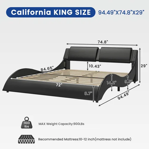 Vista 10 de DICTAC Base de cama California King con cabecero y luces LED, moderna base de cama LED Cali King con puertos USB y tipo C, de piel sintética