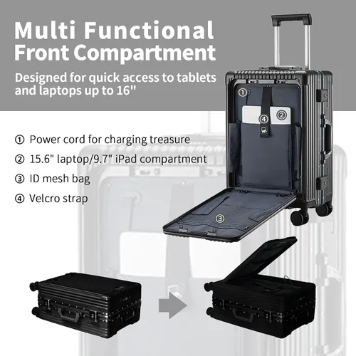 Vista 2 de CAARANY Maleta de mano versátil con marco de aluminio con puerto de carga USB, compartimento frontal, bloqueo TSA, maleta rígida aprobada por