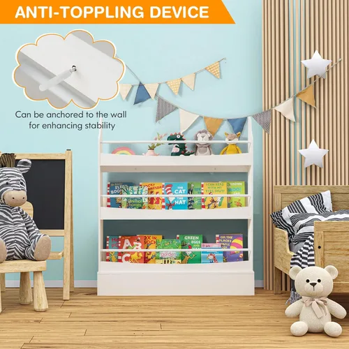 Vista 7 de Costzon Estantería para niños montada en la pared, estante organizador de madera de 3 niveles para libros y juguetes, estantería para niños pequeños