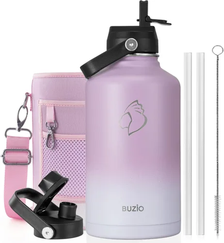 Vista 38 de BUZIO Botella de agua aislada de 24 oz, frasco de agua de boca ancha de acero inoxidable con tapa de pajita, frío durante 48 horas a prueba de Negro