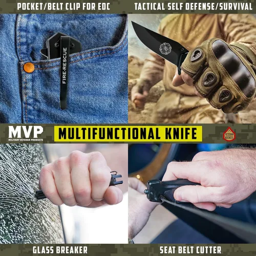 Vista 3 de Cuchillo táctico plegable Firefighter Black Stealth Elite - Cuchillo de bombero de rescate - Regalo para personal de primera respuesta - Pequeña