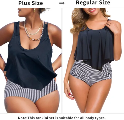 Vista 2 de SouqFone - Trajes de baño de dos piezas para mujer, top con volantes, parte inferior con cintura alta (disponible en tallas grandes)