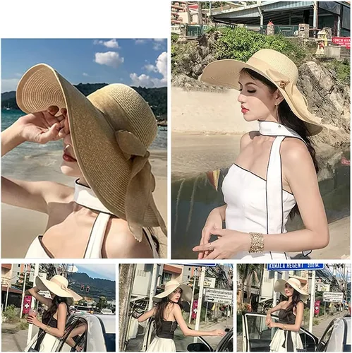 Vista 6 de FSIGOM Sombrero flexible plegable para mujer, sombrero de paja con protección solar de ala ancha, gorra de playa con protección UV de verano