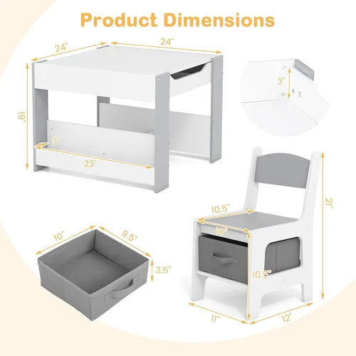 Vista 8 de HONEY JOY Mesa y sillas para niños, juego de actividades de madera 4 en 1 para niños con libreros dobles, almacenamiento, tablero desmontable
