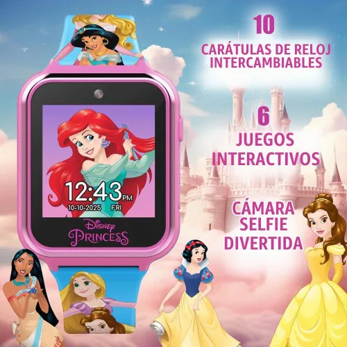 Vista 4 de Accutime Disney's Princess - Reloj inteligente interactivo con pantalla táctil para niños, cámara selfie integrada, correa fácil de abrochar