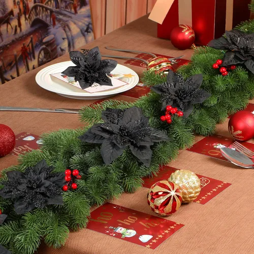 Vista 6 de Alupssuc 24 PCS Flores de Pascua Navideñas Negras Artificiales con Purpurina, Decoraciones Navideñas para Árbol, Corona, Chimenea, Flores de Pascua