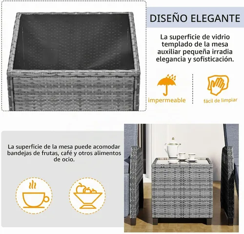 Vista 3 de Juego de 2 sillas reclinables para exteriores para patio con mesa de centro de mimbre, cojín cómodo, ángulo ajustable, sillas reclinables