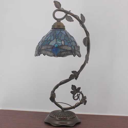 Vista 3 de WERFACTORY Tiffany - Lámpara de lectura de escritorio estilo libélula de color azul marino, base de lámpara de mesa de hoja de metal, 8 x 10 x 21