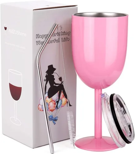 Vista 14 de AMZUShome Copas de vino de acero inoxidable. Vaso de vino de doble pared aislado al vacío con tapa y pajita. Amistad, Navidad, regalos de cumpleaños