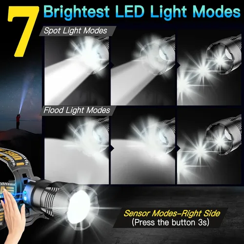 Vista 2 de UBEE Linterna frontal recargable, 800 lúmenes, lámpara de cabeza LED súper brillante con 7 modos y linterna frontal recargable impermeable IP68